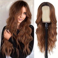 4*1 U-Part Lace Front Long Wigs For Women Middle Part Wavy Curly Wig With Dark Roots Synthetic Heat Resistant Fiber Wig For Daily Party Use (Brown With Blonde)