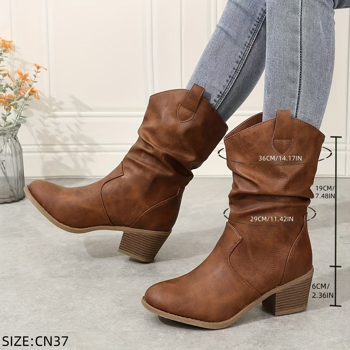 Mid Calf Women's Slouch Boots, Solid Color V-cut Slip On Cowgirl Low Heel Block Stacked Heels