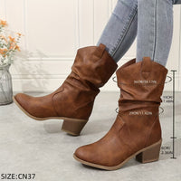 Mid Calf Women's Slouch Boots, Solid Color V-cut Slip On Cowgirl Low Heel Block Stacked Heels