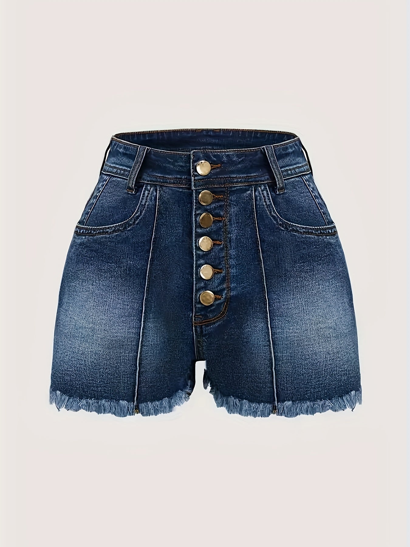 High-Waisted Single-breasted Buttoned Raw Hem Denim Shorts - Young women, fashion-conscious individuals, casual wear enthusiasts, summer shoppers - Navy Blue, Denim, Casual, Button, High Stretch - Suitable for Summer, Casual,