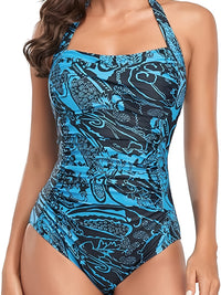 Flattering Ruched Halter One Piece Swimsuit - Adjustable Black Tie Neck - Super Stretchy Solid Black Bathing Suit - Sexy Backless Design - Womens Beachwear