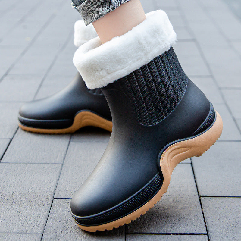 Women's Waterproof Mid Calf Boots, Fleece Liner Round Toe Platform Rain Boots, Women's Warm Plus Fashion Boots