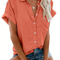 Women'S Short Sleeve V-Neck Button-Up Shirt with Pockets - Light Gray, Casual Summer Top, Perfect for Vacation or Casual Attire, Vacation Clothing | Buttonup Shirt | Glossy Texture