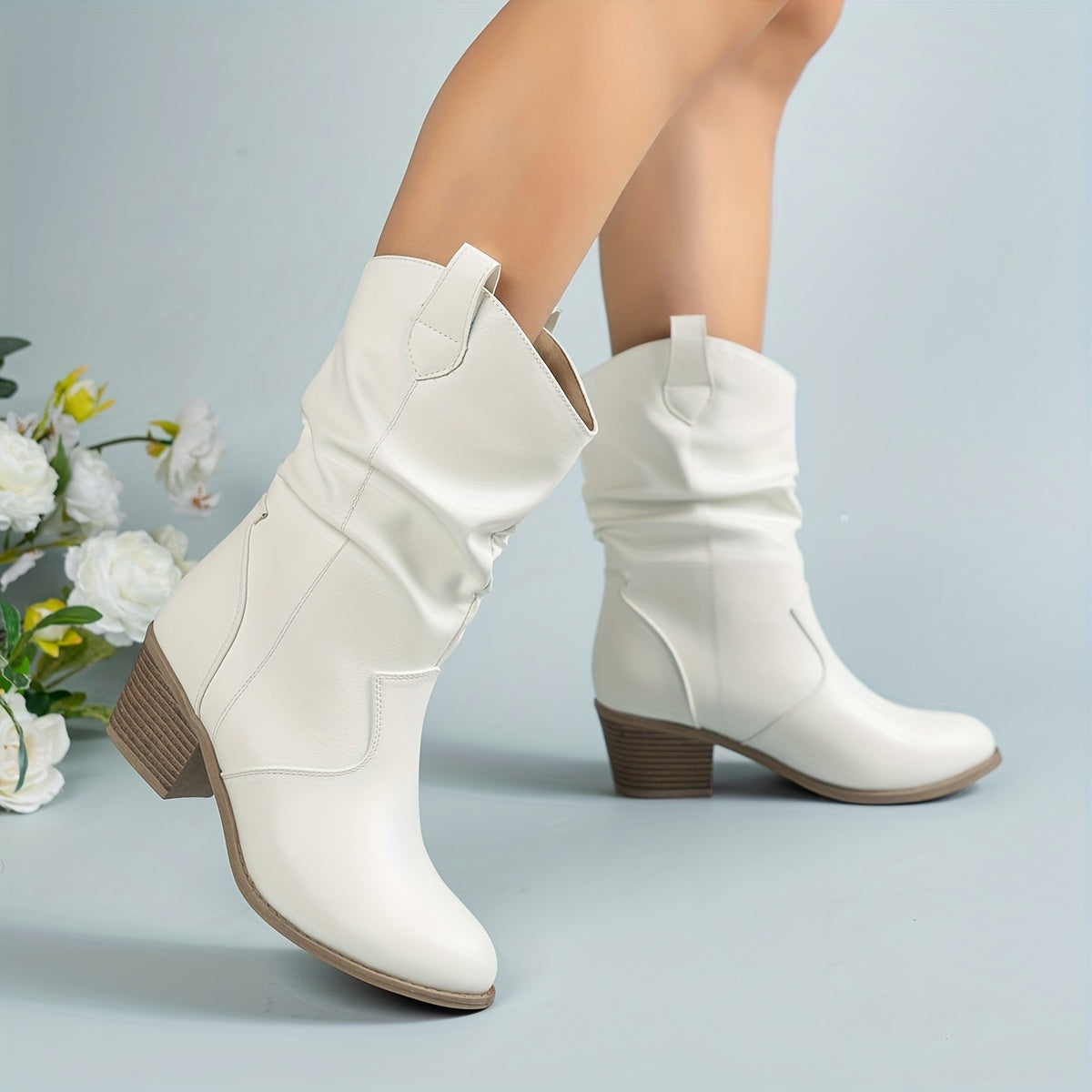 Mid Calf Women's Slouch Boots, Solid Color V-cut Slip On Cowgirl Low Heel Block Stacked Heels