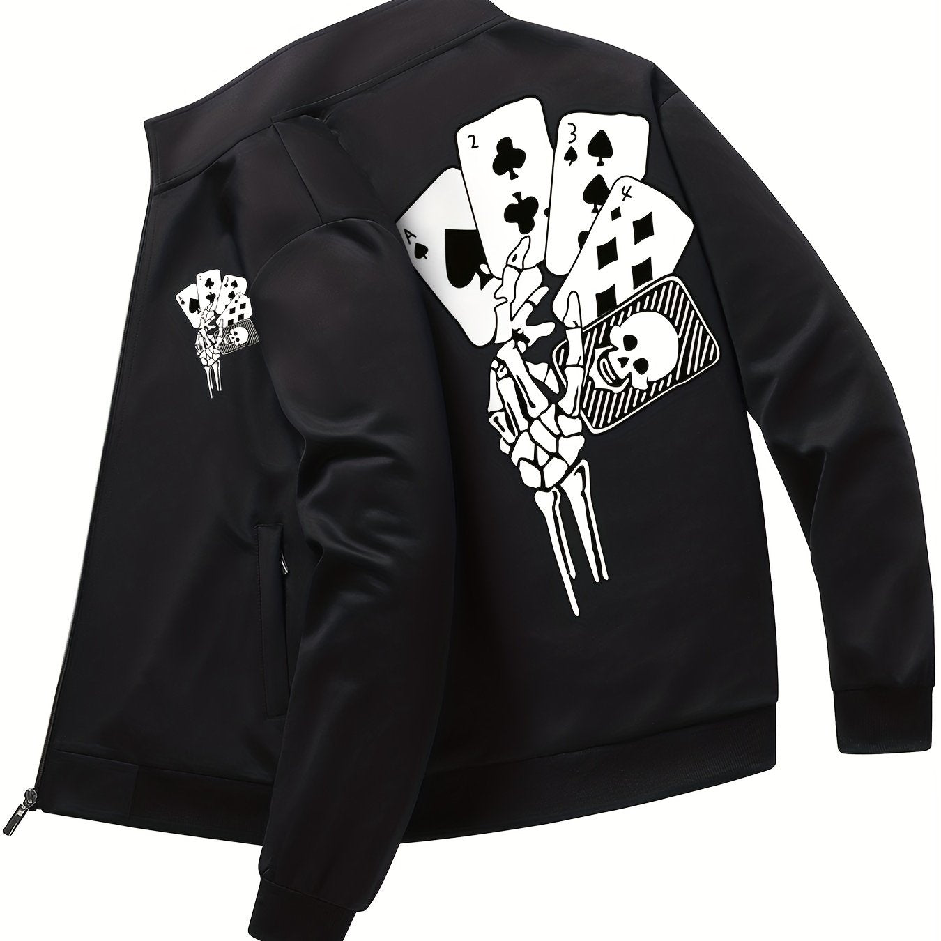 Skeleton Holding Card Pattern Windbreaker Jackets, Men's Casual Stretch Stand Collar Jacket Coat