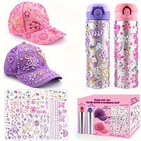 Gifts for Girls 4 5 6 7 8 9 10 11 Year Old, Easter Birthday Gifts Girl, Decorate Your Own Water Bottle Baseball Cap Kids with Glitter Gems & cute Stickers, cute Water Bottles for Girls Age 4-7