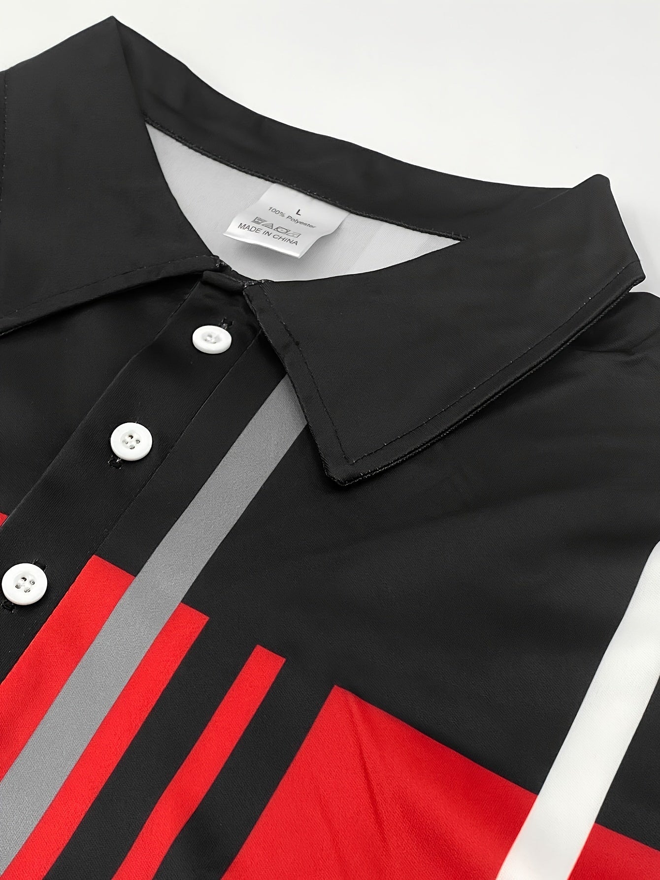 Autumn Men'S Casual Shirt, Color Blocked Design, Knit Fabric with Button Details, 100% Polyester, All-Season Wear, Regular Fit with Lapel Collar and Slight Stretch