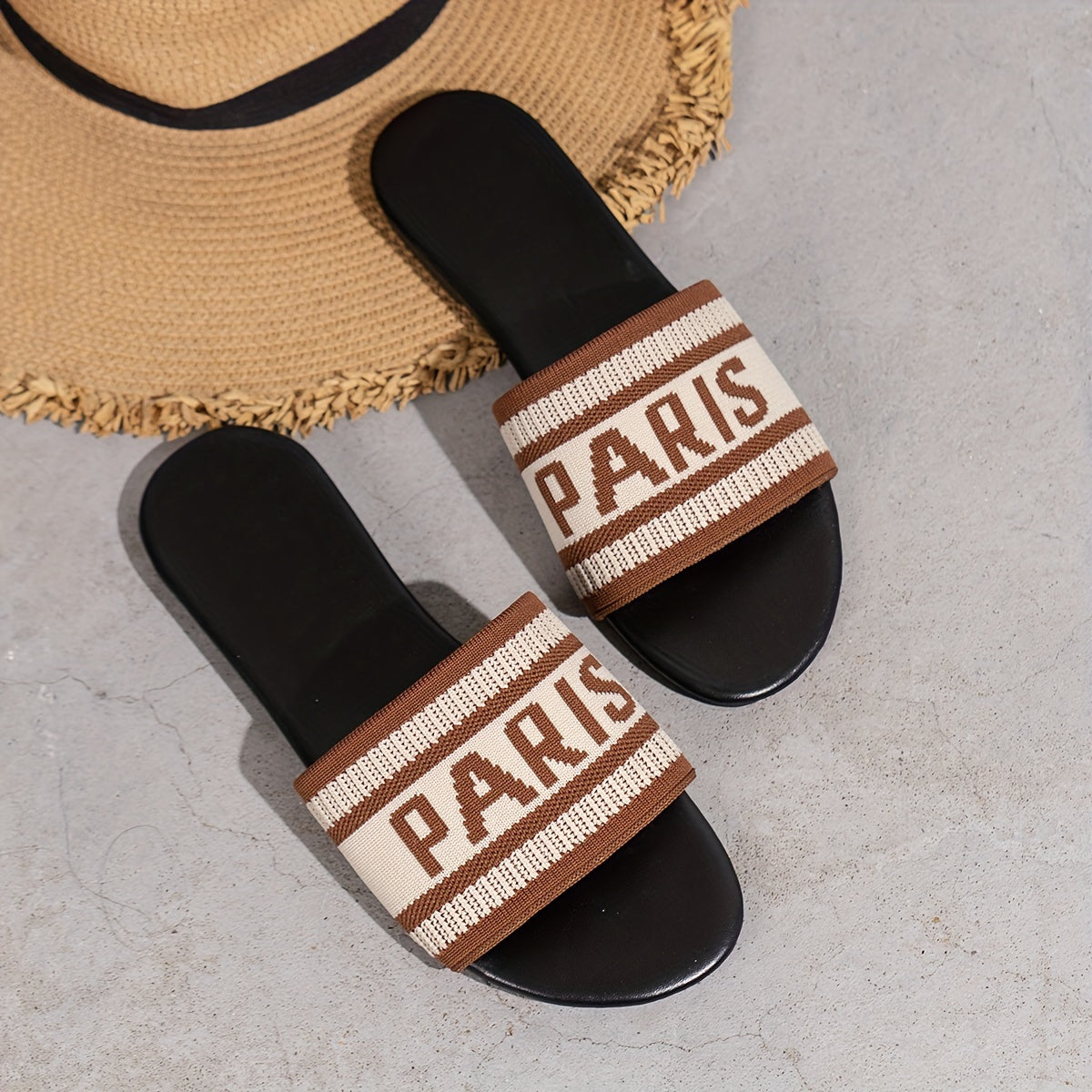 Womens Letter Print Slides - Ultra-Lightweight & Effortlessly Chic - Breathable Knitted Band Flats for Summer Casual Beach Wear - Quick-Dry, Stylish & Trendy