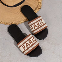 Womens Letter Print Slides - Ultra-Lightweight & Effortlessly Chic - Breathable Knitted Band Flats for Summer Casual Beach Wear - Quick-Dry, Stylish & Trendy