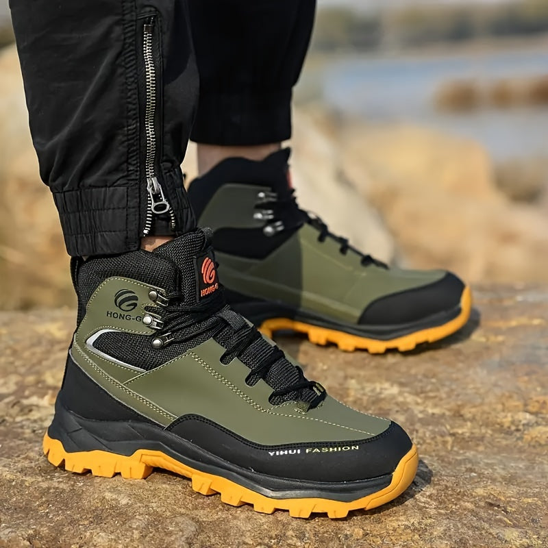 Men's High Top Color Block Steel Toe & Puncture Proof Work Boots, Comfy Non Slip Durable Rubber Sole Lace Up Shoes, Men's Footwear
