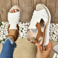 Women's Comfy Mid-Heel Wedge Sandals - Open-Toe, Buckle Ankle Strap, Chic Geometric Colorblock for Summer Elegance