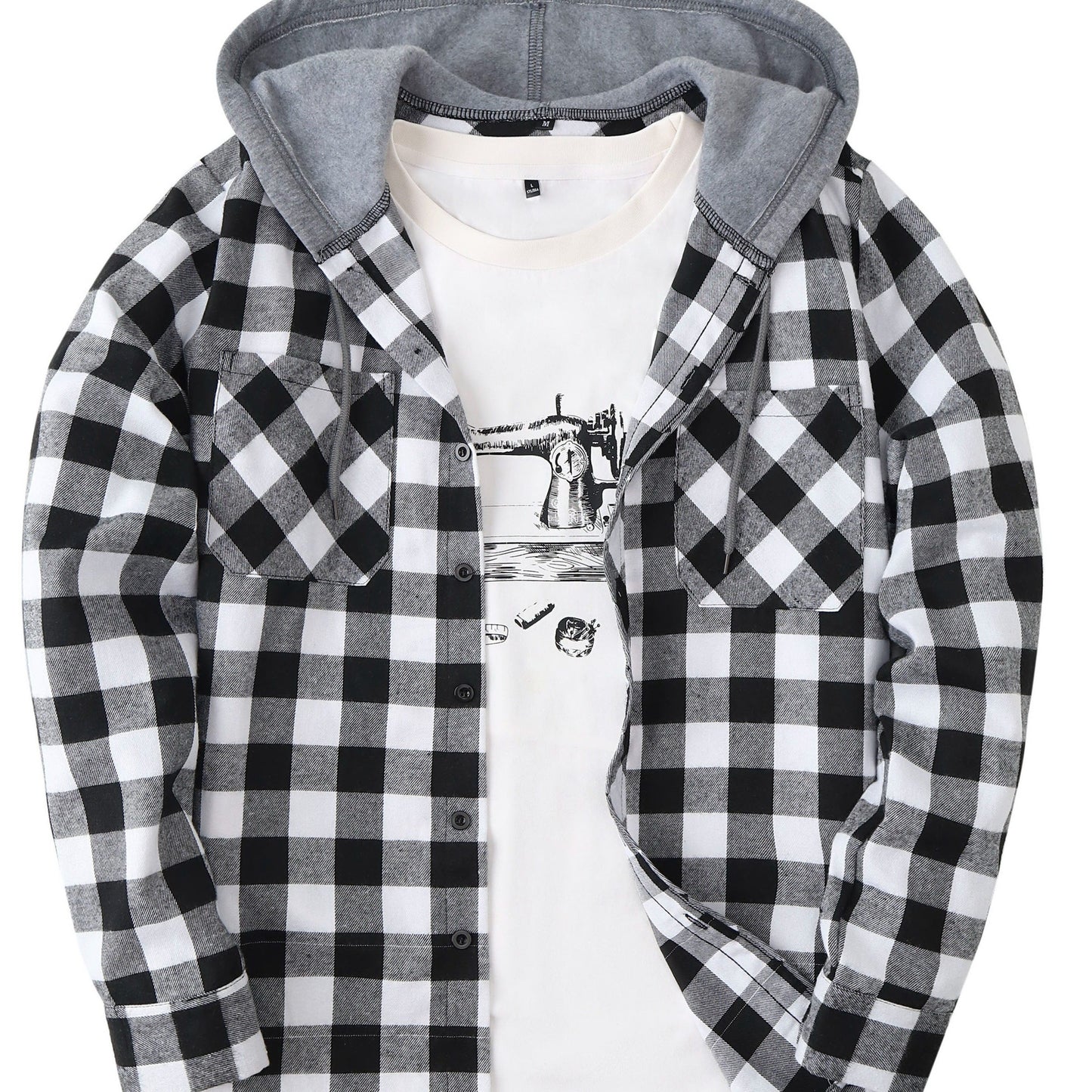 Long Sleeve Casual Regular Fit Button Up Hooded Shirts Jacket, Plaid Shirt Coat For Men