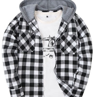Long Sleeve Casual Regular Fit Button Up Hooded Shirts Jacket, Plaid Shirt Coat For Men