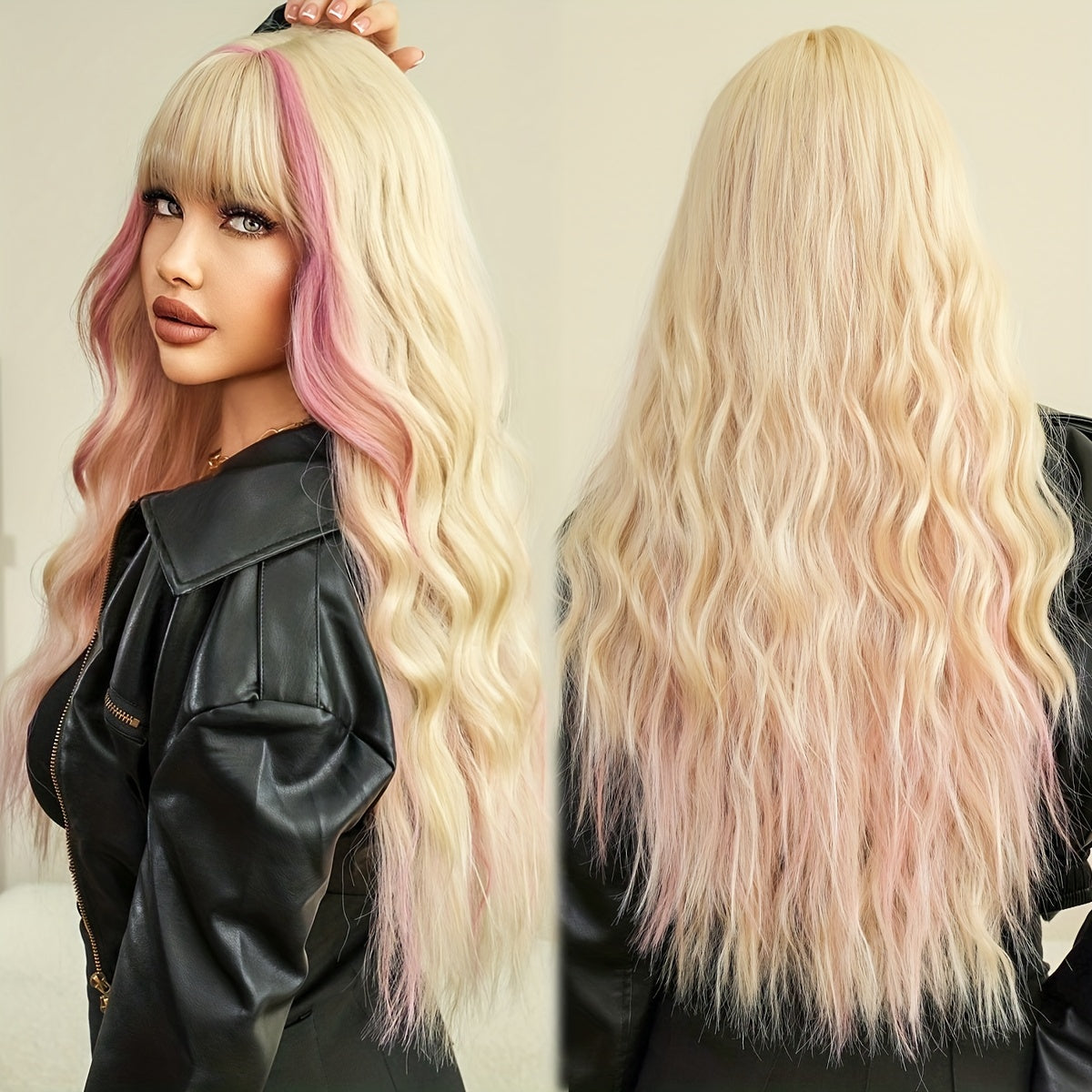 Highlight Long Curly Wavy Wig With Bangs Synthetic Wig Beginners Friendly Heat Resistant Elegant For Daily Use Wigs For Women