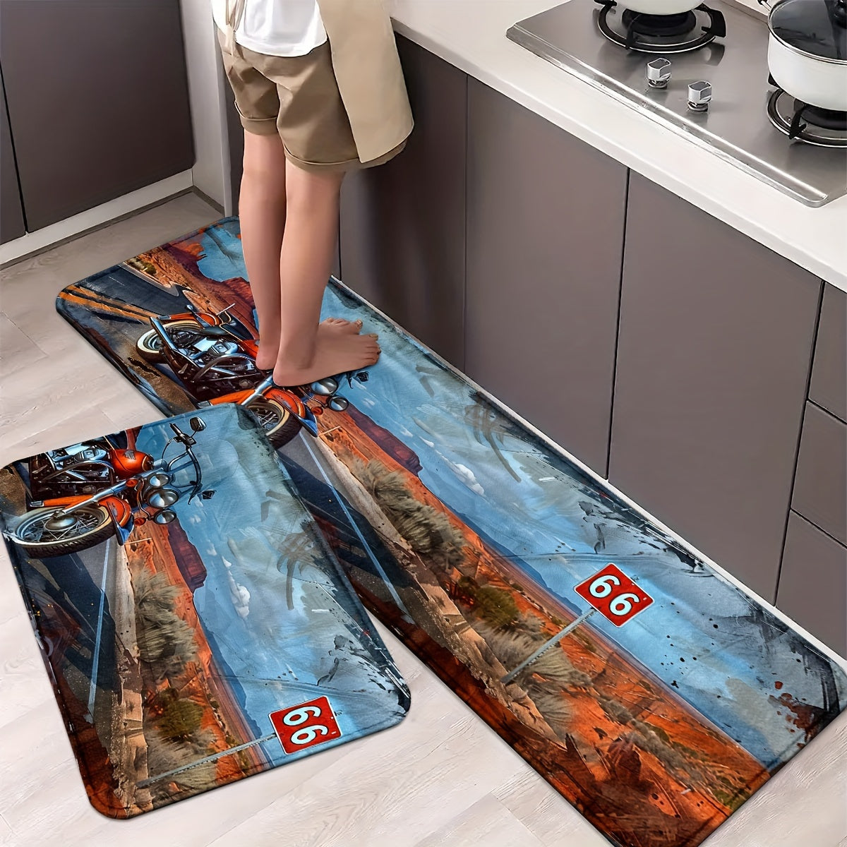 1/2pcs, Motorcycles And Route 66 Kitchen Rugs Non Slip Washable Thicken Kitchen Mat Kitchen Carpet Rugs For Kitchen Floor Kitchen Mats For Floor Kitchen Rugs Non Slip Kitchen Runner