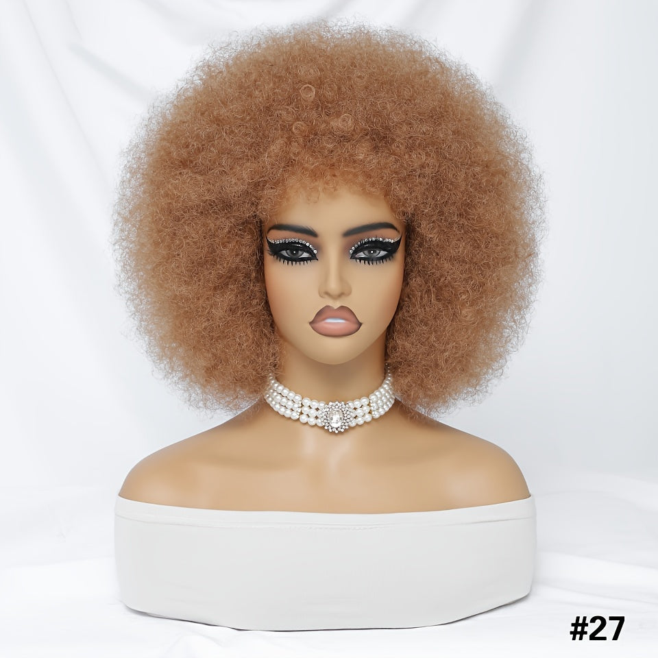 Short Afro Wigs For Women Blonde 10 Inch Afro Curly Wig With Bangs 70s Large Bouncy Soft Synthetic Female Wigs For Party Cosplay