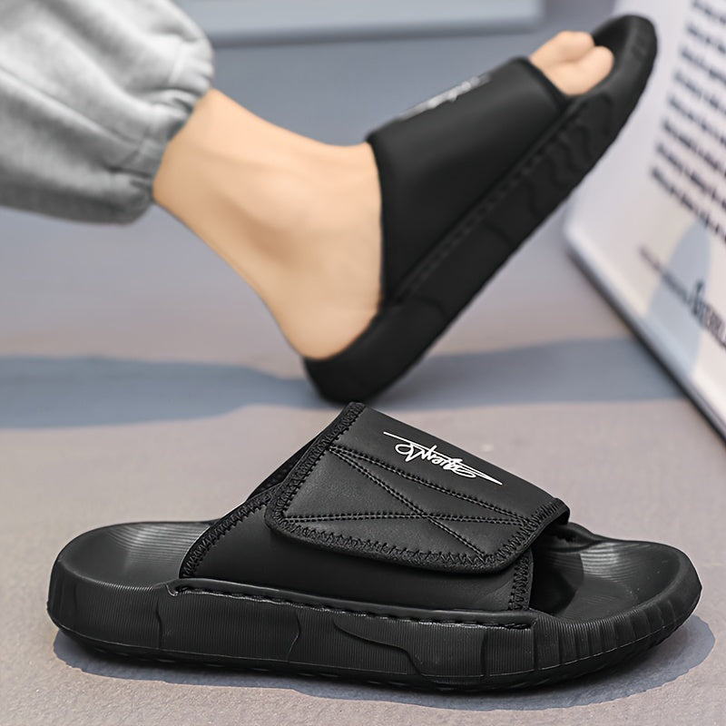 Men's Solid Color Open Toe Breathable Adjustable Hook & Loop Fastener Slippers, Comfy Non Slip Durable EVA Sole Slides, Men's Footwear