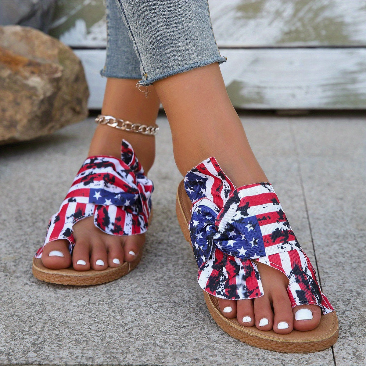 Women's Flag Pattern Slide Sandals, Bowknot Toe Loop Slip On Flat Shoes, Casual Sandals For The 4th Of July Summer Casual Shoes For Independence Day