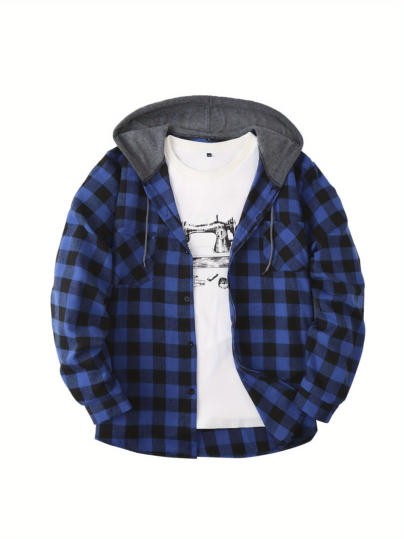 Long Sleeve Casual Regular Fit Button Up Hooded Shirts Jacket, Plaid Shirt Coat For Men