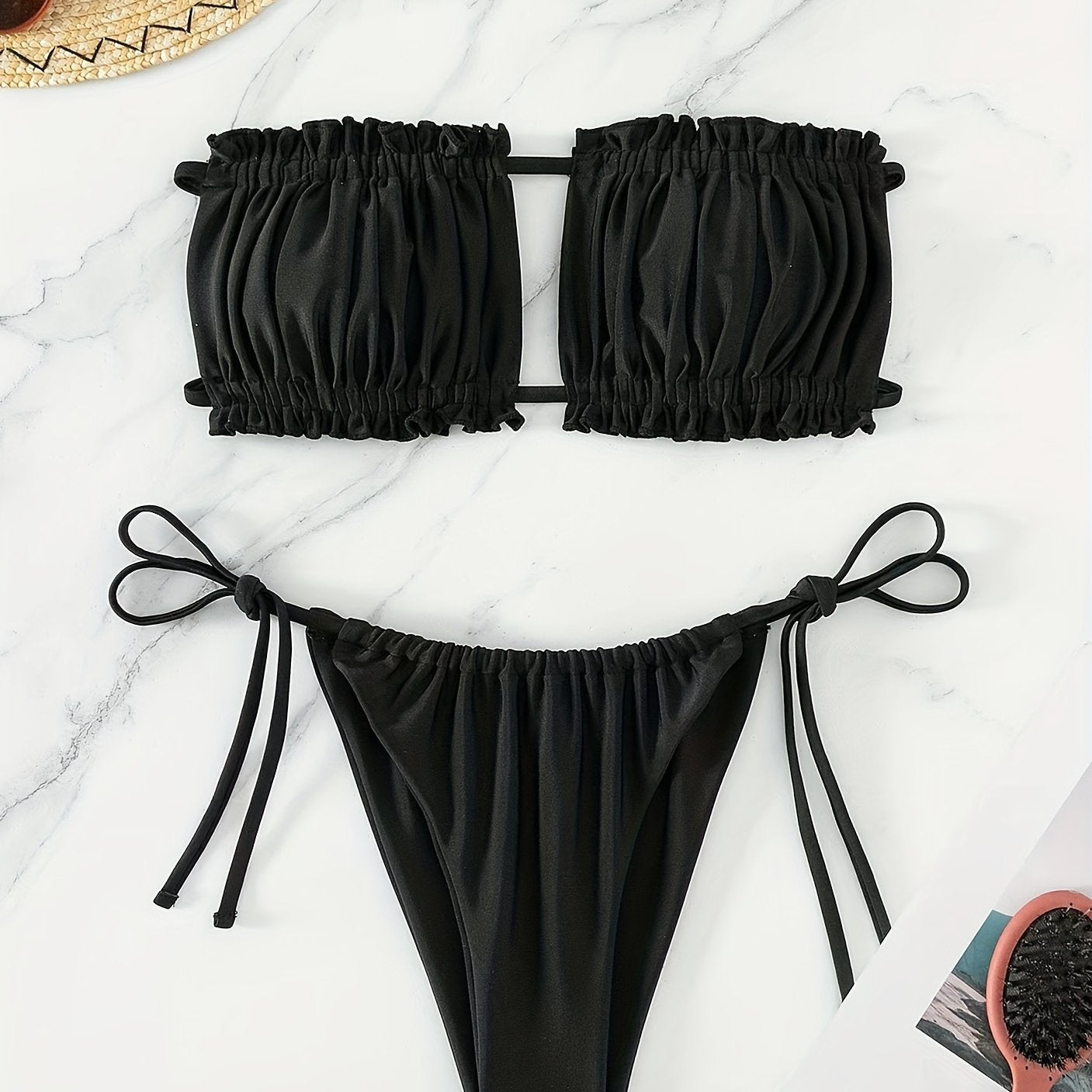 [Ruched Bra Top Bikini] Two Piece Ruched Bra Top Bikini Swimsuit - Double Drawstring Bandeau Tie Side High Cut - Women's Swimwear