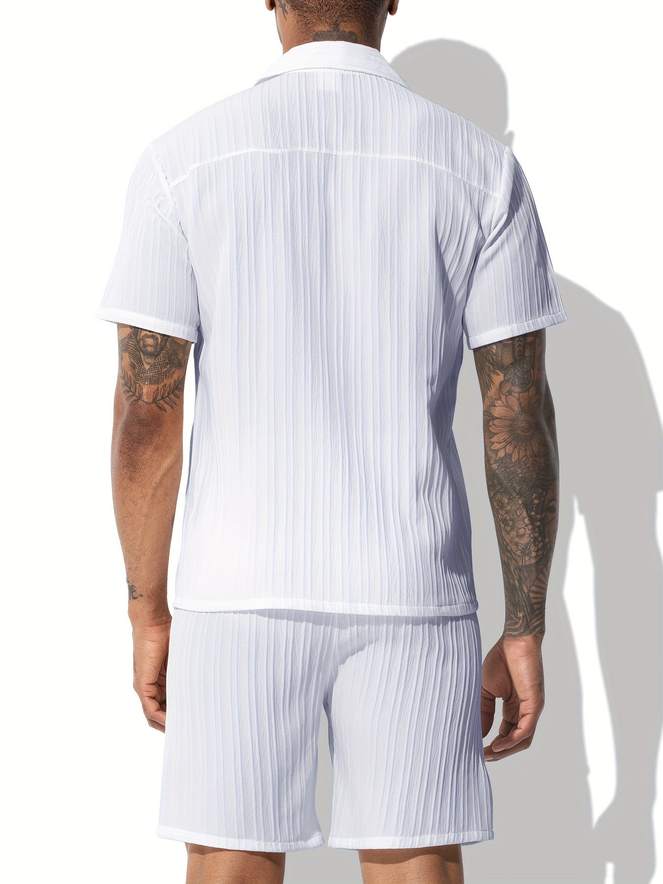 Men's Casual Shirt Set, Men's Casual Striped Shirt and Drawstring Striped Shorts Set, Men's Suit Collar Shirt Suit. Men's Summer Vacation, Everyday Wear Shirt Suit