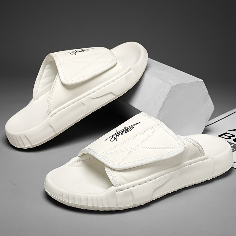 Men's Solid Color Open Toe Breathable Adjustable Hook & Loop Fastener Slippers, Comfy Non Slip Durable EVA Sole Slides, Men's Footwear