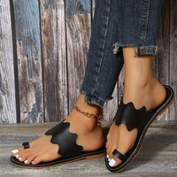 Women's Flat Slide Sandals, Black Open Toe Non Slip Toe Loop Shoes, Casual Outdoor Beach Slides