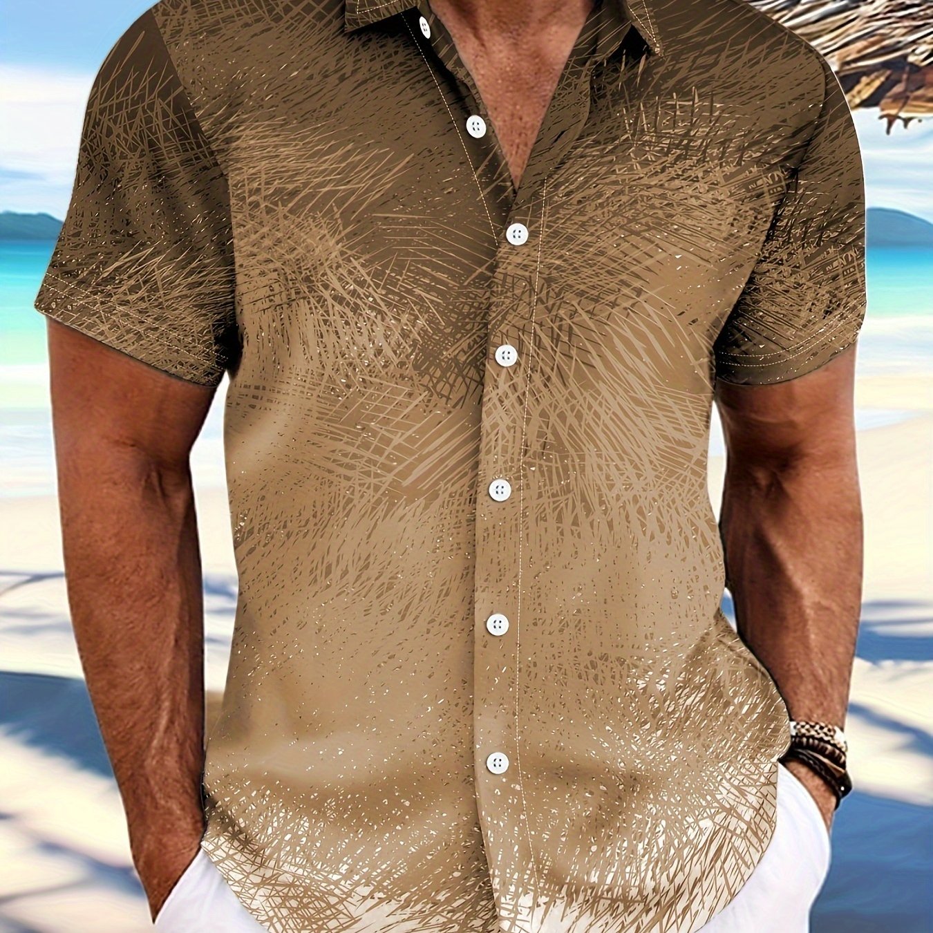 Men's Vibrant Pink to Purple Gradient Short Sleeve Shirt - Lightweight Polyester, Button-Up with Chest Pocket, Ideal for Summer Beach Parties & Casual Wear, Beach Wear