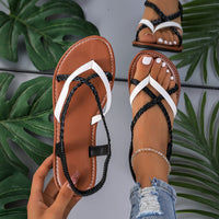Flat Heel Womens Braided Thong Sandals - Comfortable Elastic Ankle Strap, Lightweight Faux Leather Upper, Rubber Sole, Pull-On Closure, Open Toe, Solid Color, Perfect for Summer Beach and Casual Occasions