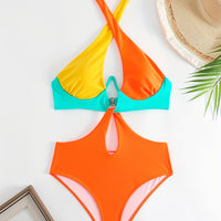 Colorblock Halter Neck One Piece Swimsuit, Cut Out Backless High Cut Bathing Suit, Women's Swimwear & Clothing