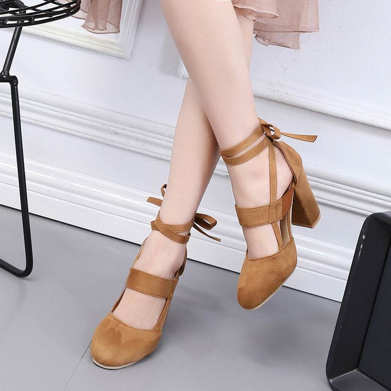 [Elegant Sandals] Elegant High Heel Sandals | Women's - Solid Color Fabric Upper, Round Toe, Lace-Up Ankle Strap, Block Heel, Rubber Sole, Man-Made Insole & Inner Material