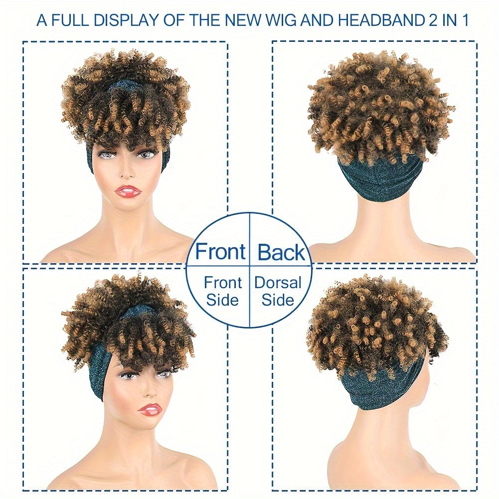 Headband Wigs For Women, Synthetic Short Afro Kinky Curly Wigs Dark Brown Wig With Bangs Wrap Wigs 2 In 1 Turban Wig Drawstring High Puff Wigs Headwrap Wigs With Headband Attached Updo Music Festival