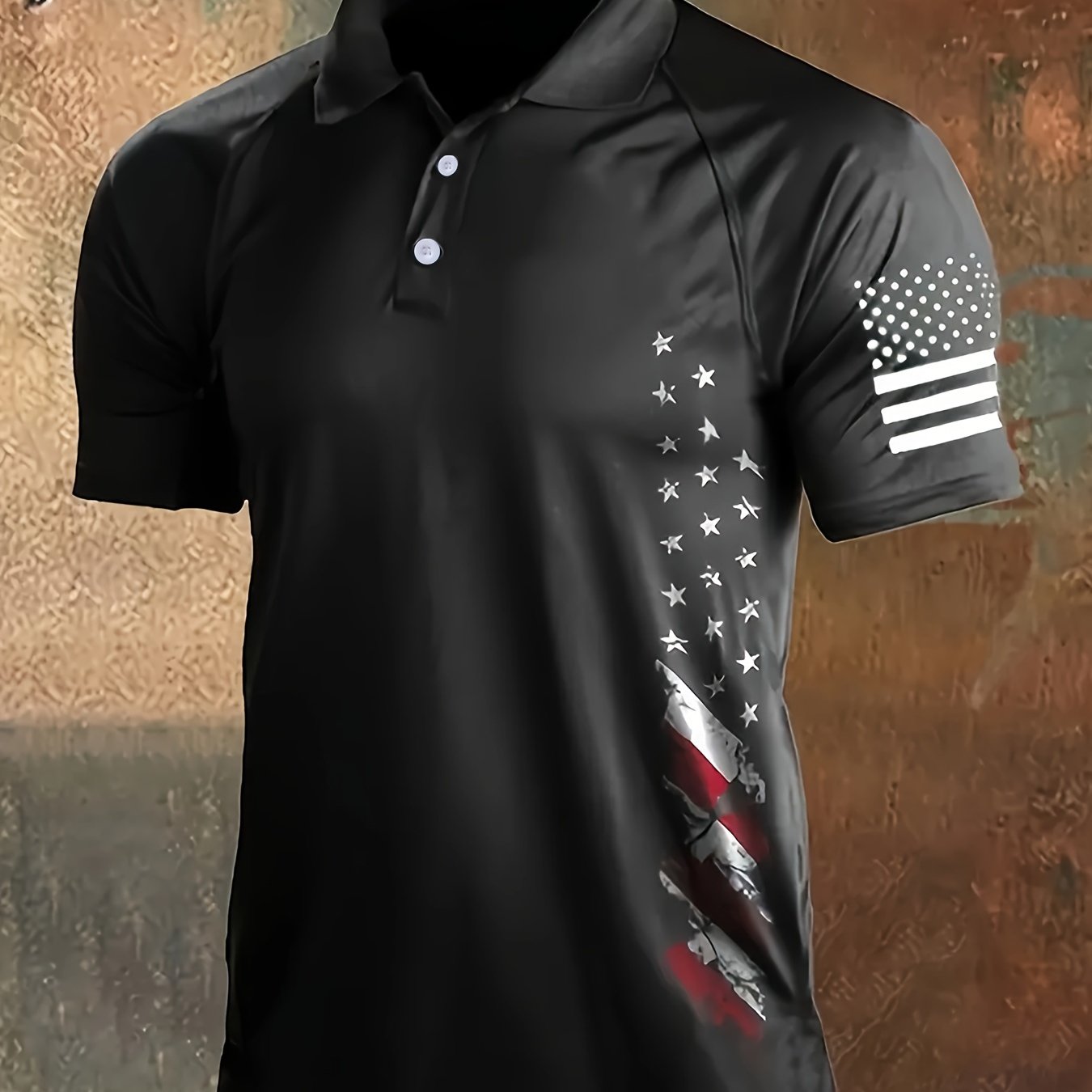 [American Flag Shirt] Lightweight American Flag Print Men's Casual Shirt - Comfortable Short Sleeve, Button-Up Collar, Black with Stars & Stripes Design, Polyester for Spring/Fall