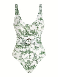 Flattering One-piece Swimsuit - Tummy Control & Scoop Neck Design - Slimming Bathing Suit with Vibrant All Over Print - Womens Swimwear Clothing