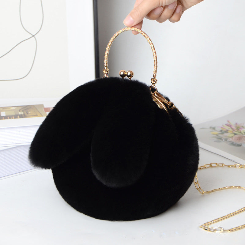 Kawaii Fluffy Bunny Kiss Lock Handbag – Stylish Year of the Rabbit Chain Shoulder Bag with Polyester Lining