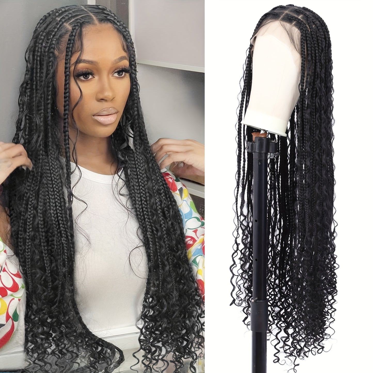 36 Bohemian Chic Box Braids Wig - Triangle Knotless & Curly - Synthetic Embroidered Double Lace Wigs for Women