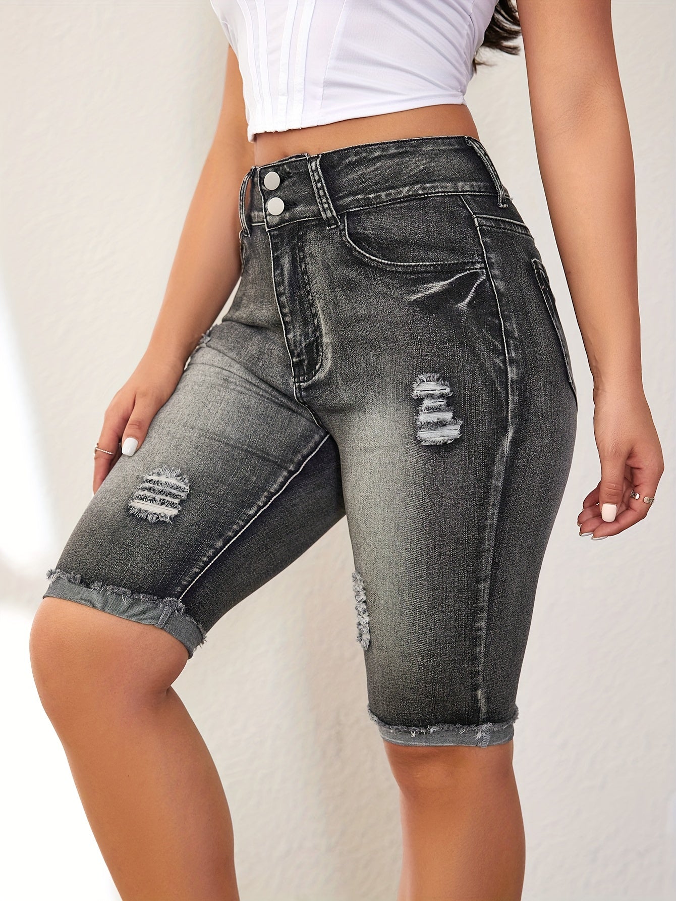 Ripped Roll Up Raw Hem Denim Shorts, Double Button Distressed Bermuda Denim Shorts, Women's Denim Jeans & Clothing