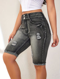 Ripped Roll Up Raw Hem Denim Shorts, Double Button Distressed Bermuda Denim Shorts, Women's Denim Jeans & Clothing