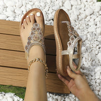 Women's Boho Style Flat Sandals, Flower Rhinestone Elastic Strap Slip On Shoes, Summer Beach Thong Sandals