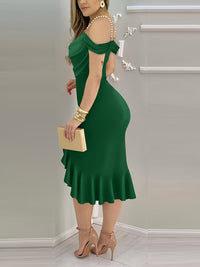Shoulder Pearls Strap Bodycon Dress Cowl Neck Ruffle Hem Party Dresses