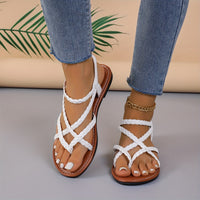 Flat Heel Womens Braided Thong Sandals - Comfortable Elastic Ankle Strap, Lightweight Faux Leather Upper, Rubber Sole, Pull-On Closure, Open Toe, Solid Color, Perfect for Summer Beach and Casual Occasions