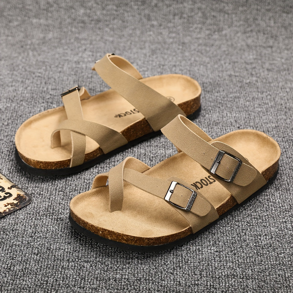 Men's Sandals, Arch Support Slide With Adjustable Buckle Strap And Cork Insole