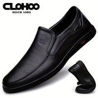 CLOHOO Men's Slip-On Casual Shoes - Genuine Leather Upper, Rubber Sole with PU Cushioned Insole, All-Season Comfort for Business & Vacation, Brown/Black, Casual Footwear | Classic Slipon | Rubber Sole Footwear