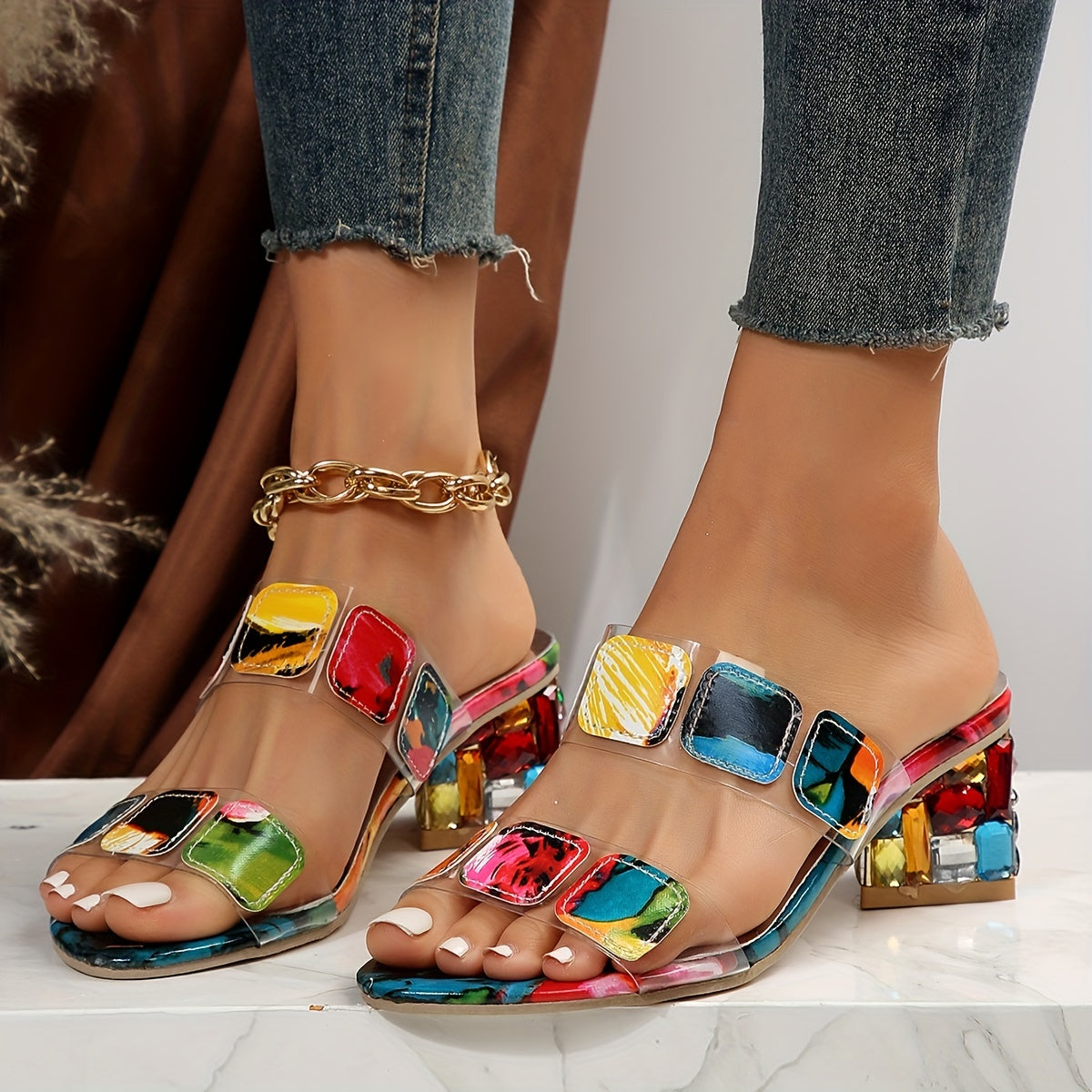 Vibrant Mid Heel Strappy Sandals - Colorful Rhinestone Decor, Slip-On, Faux Leather Upper, Rubber Sole, Open Toe, Strappy Back, Fashion Daily Wear for Summer - Stylish and Comfortable