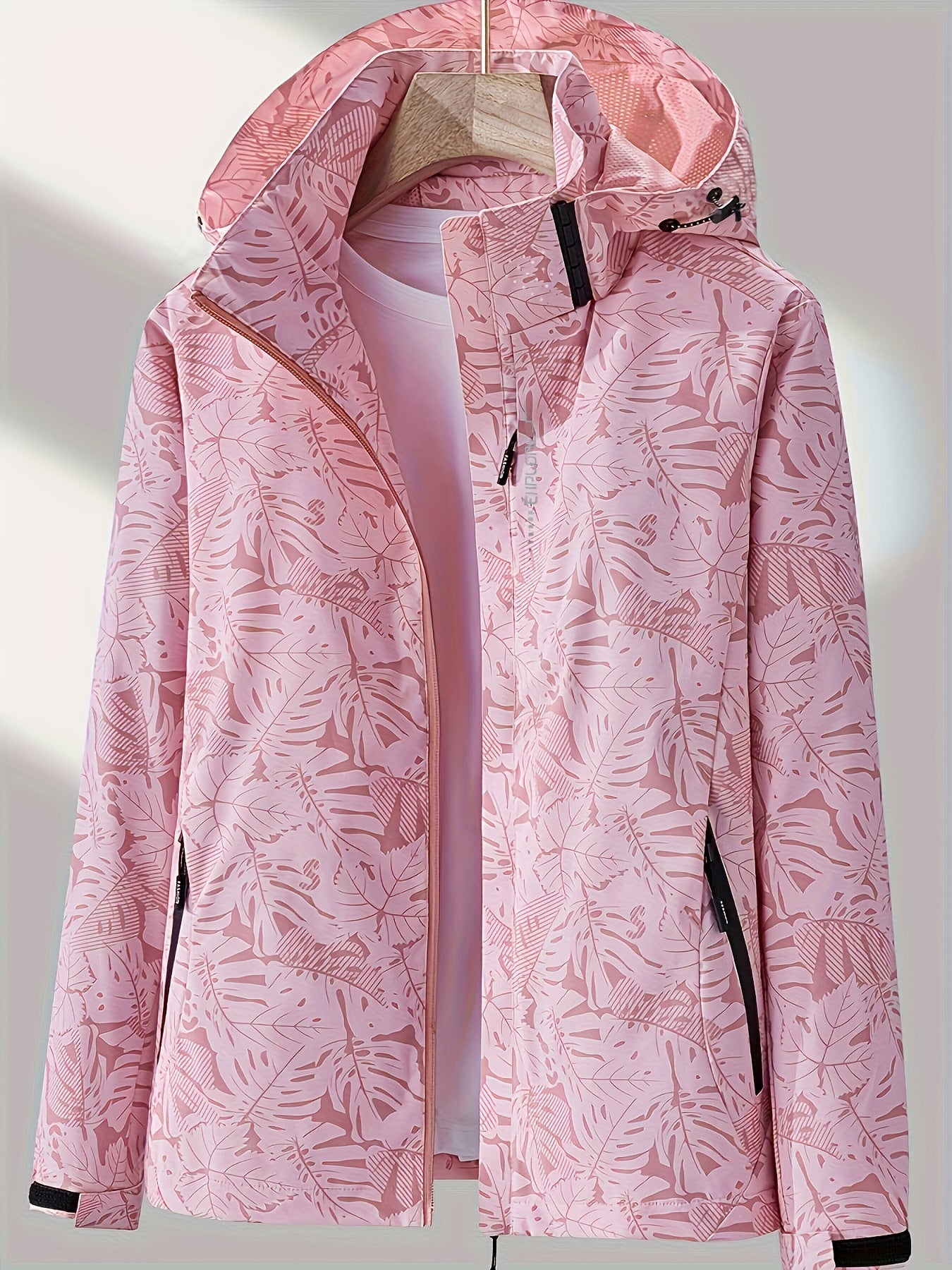 [Tropical Hooded Jacket] Lightweight Women's Hooded Jacket | Casual Zip-Up Outdoor with Tropical Leaf Print, Removable Hood & Adjustable Cuffs for Spring Summer Fall, Hiking, Travel, Camping, Camping Gear