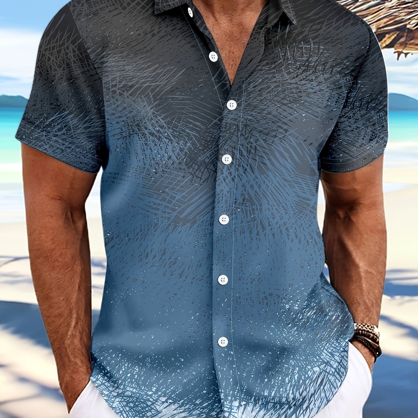 Men's Vibrant Pink to Purple Gradient Short Sleeve Shirt - Lightweight Polyester, Button-Up with Chest Pocket, Ideal for Summer Beach Parties & Casual Wear, Beach Wear