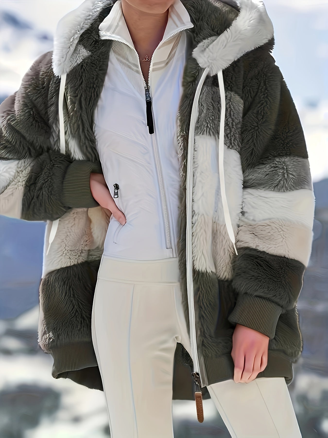 Womens Ultra-Soft Teddy Fleece Color Block Hooded Coat - Stylish Zip Up Winter Warm Outerwear with Full Hood and Long Sleeves - Trendy Casual Clothing for Chilly Days