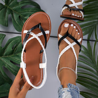Flat Heel Womens Braided Thong Sandals - Comfortable Elastic Ankle Strap, Lightweight Faux Leather Upper, Rubber Sole, Pull-On Closure, Open Toe, Solid Color, Perfect for Summer Beach and Casual Occasions