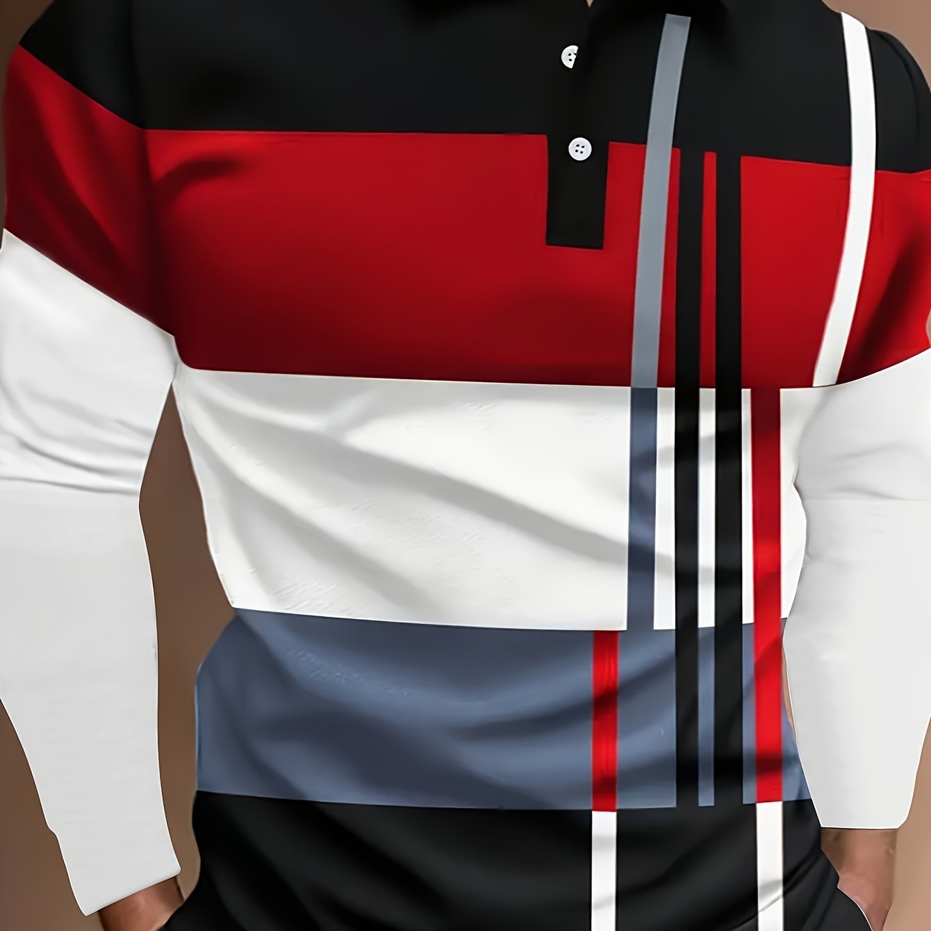 Autumn Men'S Casual Shirt, Color Blocked Design, Knit Fabric with Button Details, 100% Polyester, All-Season Wear, Regular Fit with Lapel Collar and Slight Stretch