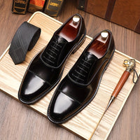 [Trendy Cow Leather Oxford Shoes] Men's Trendy Split Cow Leather Upper Cap Toe Oxford Shoes, Comfy Non Slip Casual Rubber Sole Formal Shoes, Men's Footwear